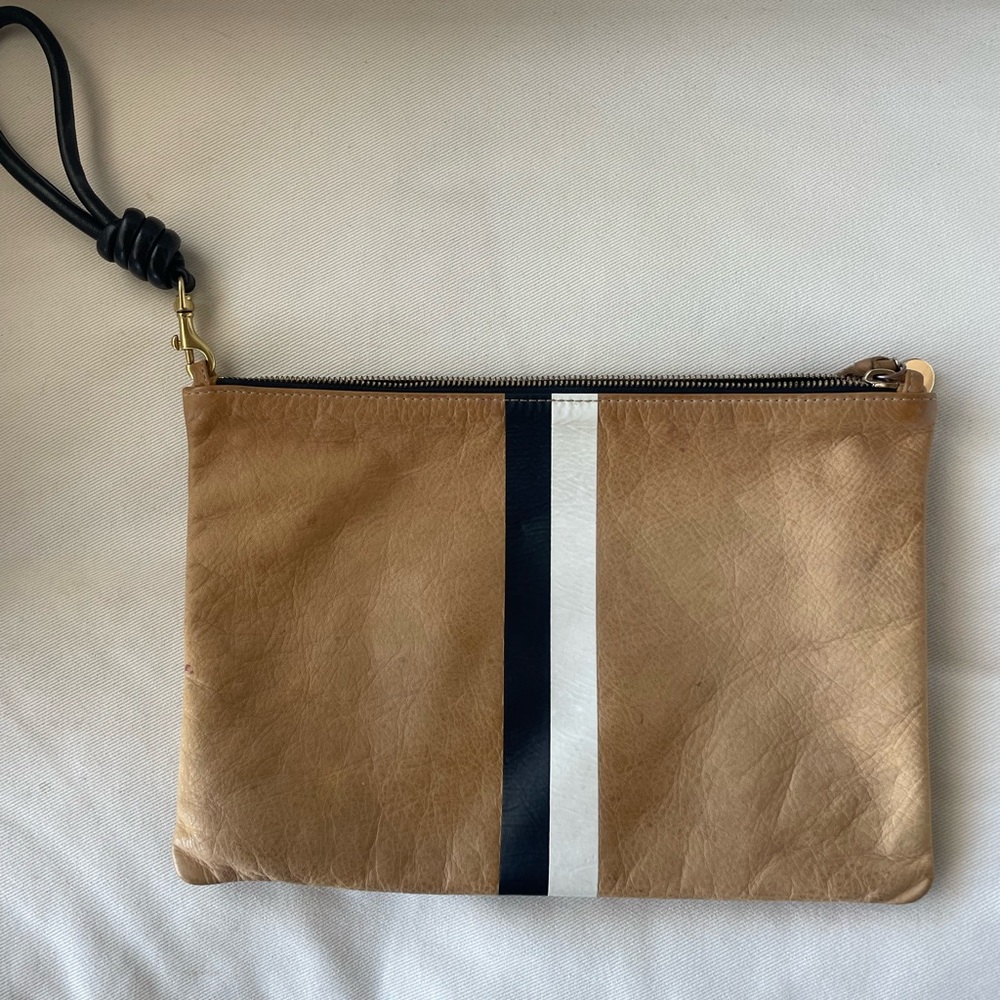 Clare V Tan and Black Toiletry Bag with Bold Stripe